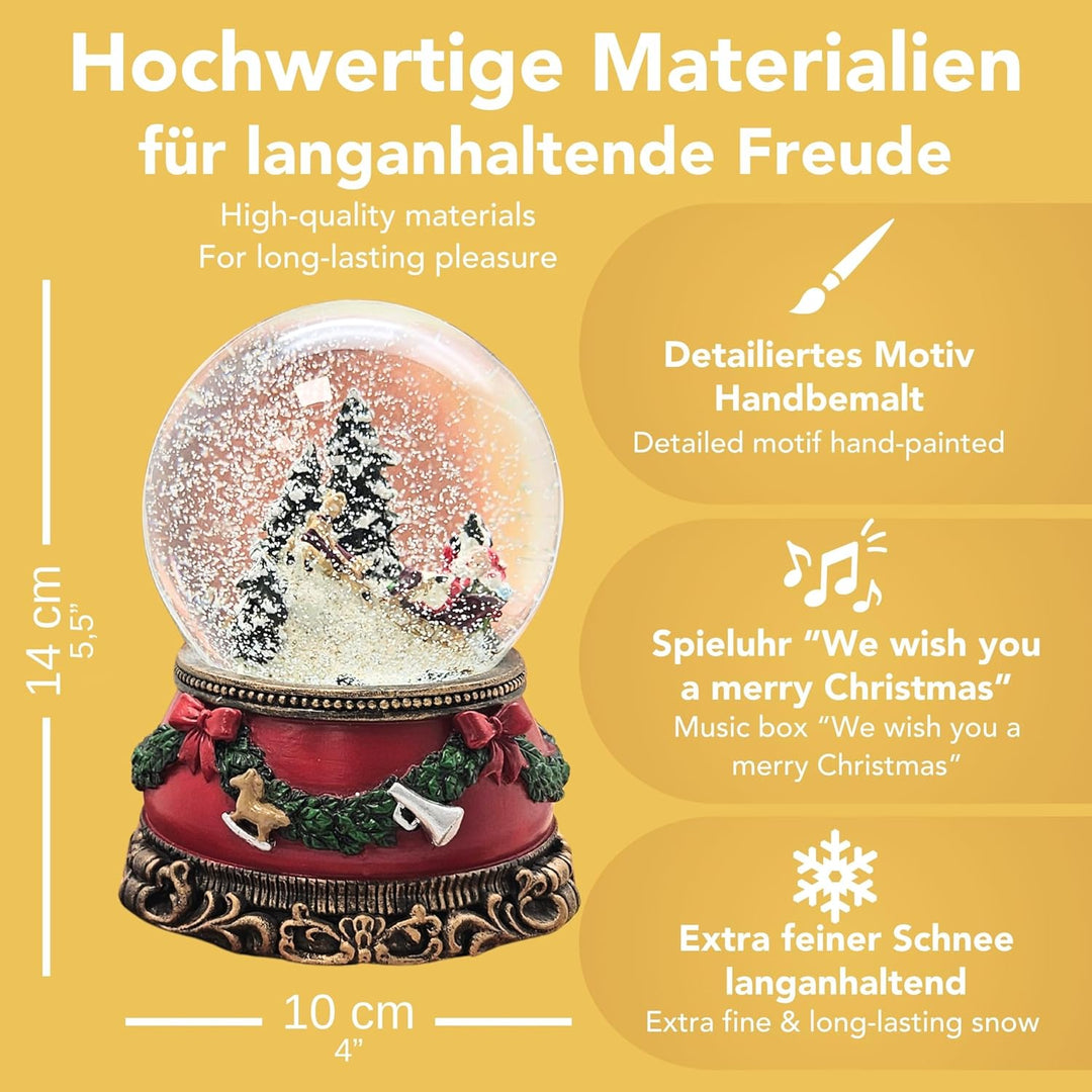 Schneekugel Weihnachten Spieluhr | Santa im Schlitten | Sockel Weihnachten rot Tannengirlande | mit