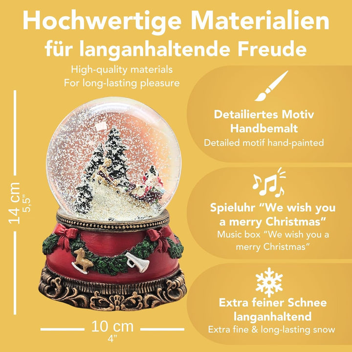 Schneekugel Weihnachten Spieluhr | Santa im Schlitten | Sockel Weihnachten rot Tannengirlande | mit