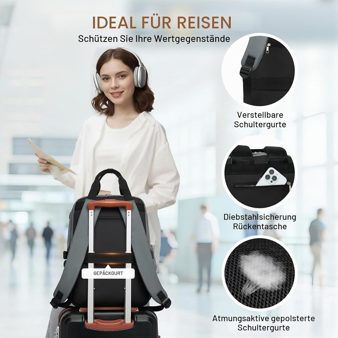 KONO Rucksack Damen 15,6 Zoll Laptop Rucksack, Geräumiger Wasserabweisender Schulrucksack mit Flasch