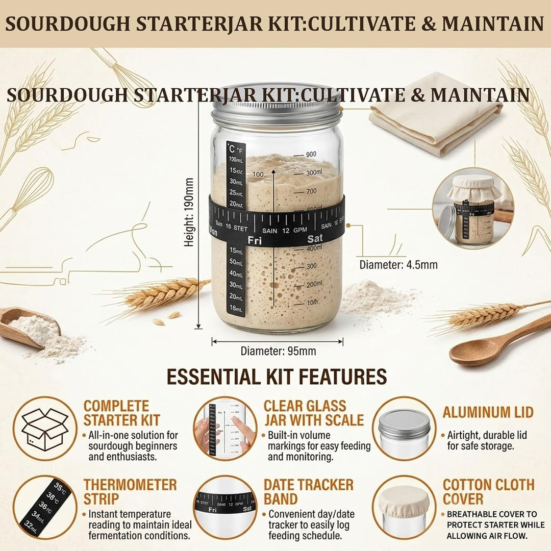 Sauerteig Starter Set mit 2 Gärkörbchen (rund 23cm & oval 25cm), Glasgefäss Teigschaber Leineneinsat
