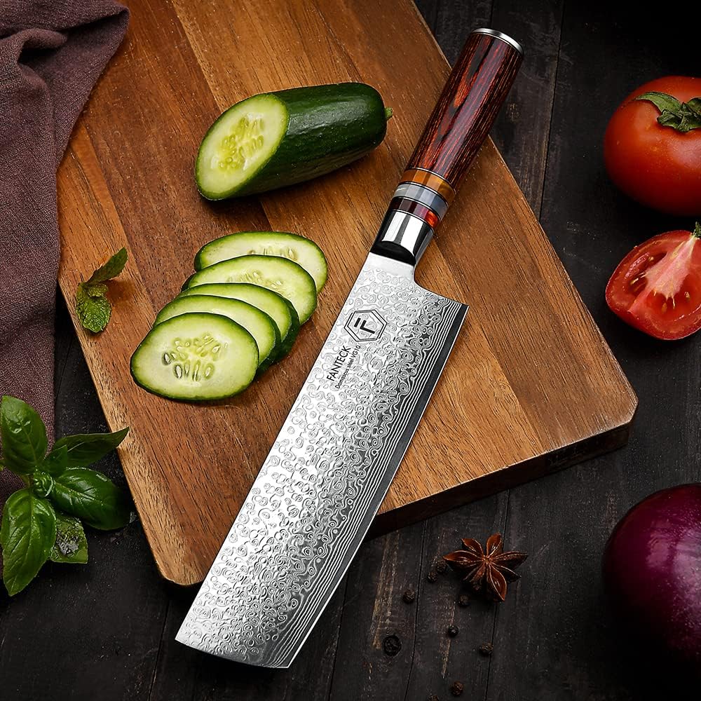 FANTECK Kochmesser Nakiri Küchenmesser Profi Messer Chefmesser 18 cm Allzweckmesser Damaskus Edelsta