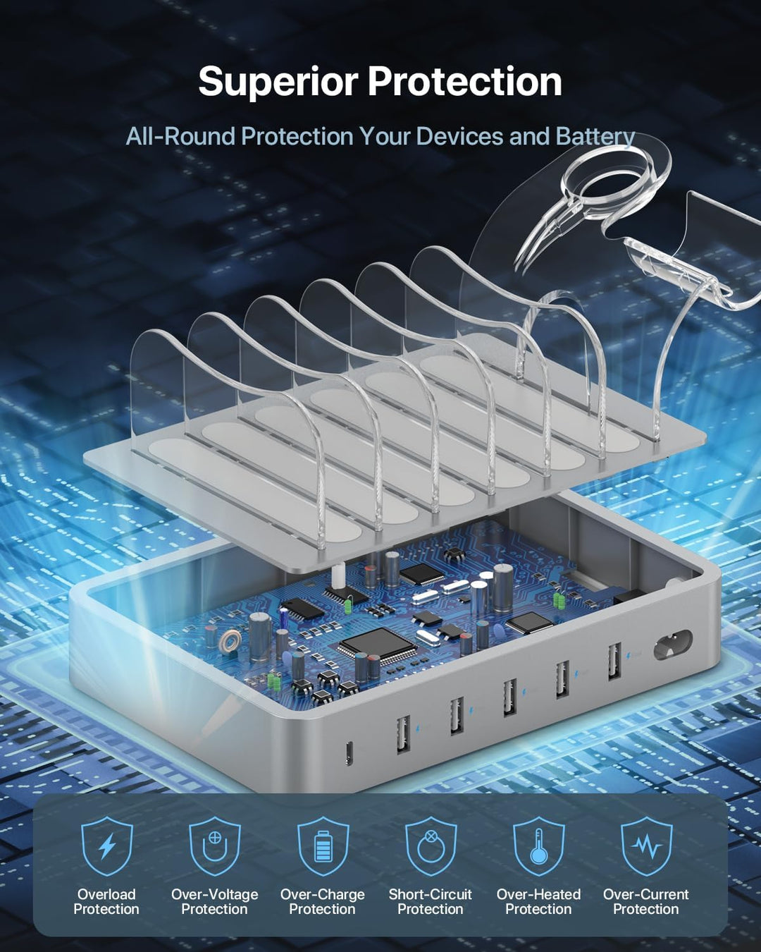 SooPii 60W 6-Port Ladestation für mehrere Geräte, PD 20W USB C Schnellladung für lPhone 14/13/12, 2-