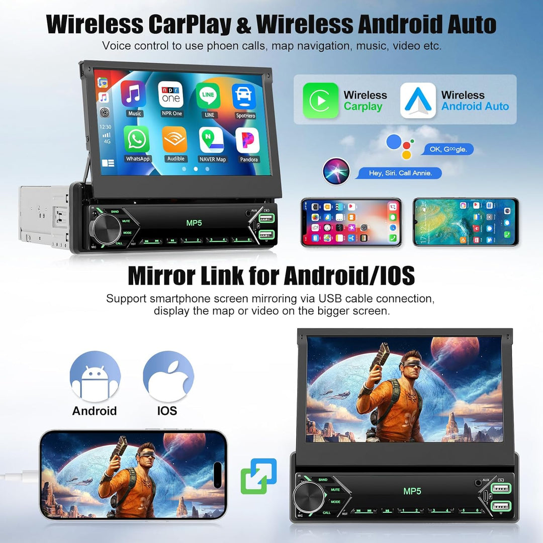CAMECHO 1 Din DAB Autoradio mit Wireless Carplay Android Auto Mirror Link, 7 Zoll Manuelle Ausfahrba