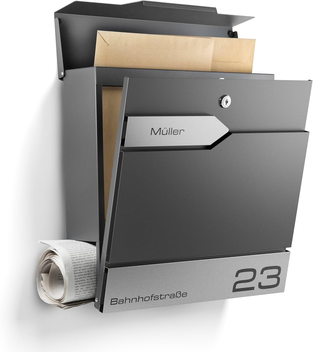 Moderner Briefkasten Personalisierbar Sydney Anthrazit RAL7016 - mit Zeitungsfach - Wandbriefkasten