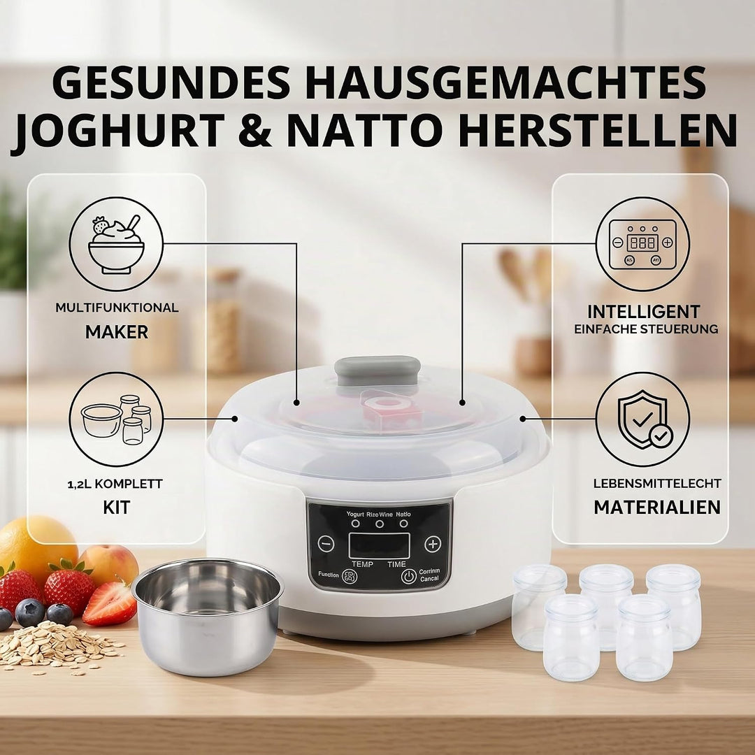 Elektrischer Joghurtbereiter, Hausgemachter Natto-Maker, Kleiner Inkubator mit Gläsern, Edelstahlein
