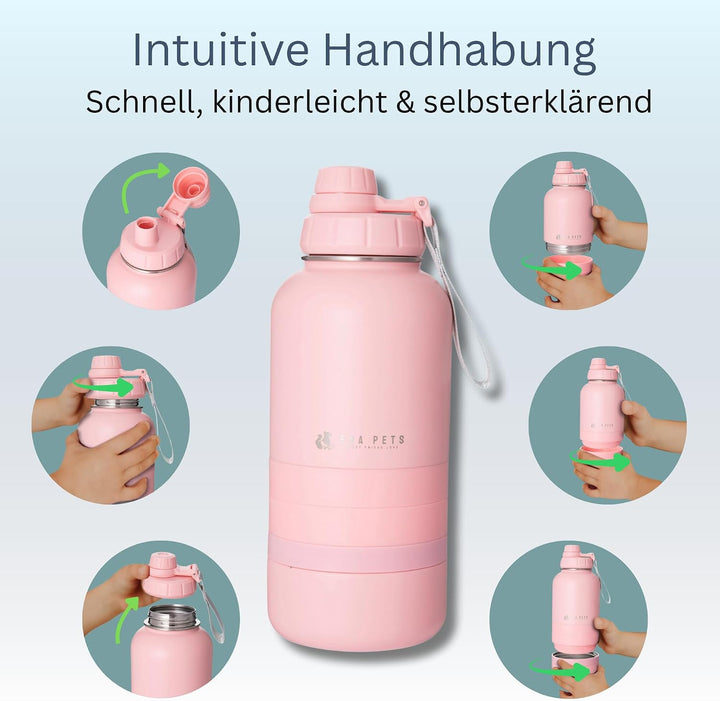 3-in-1 Hundetrinkflasche – Edelstahl 304, auslaufsicher, Softtouch, Wasser- &amp; Futterbehälter mit 3 N
