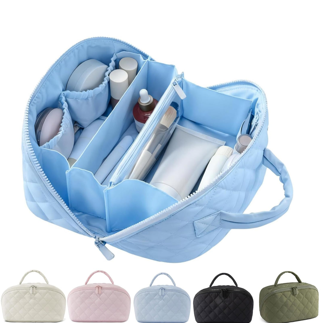 Travel Makeup Bag for Women – Large Capacity Waterproof Puffer Cosmetic Organizer, 180° Lay-Flat Toi