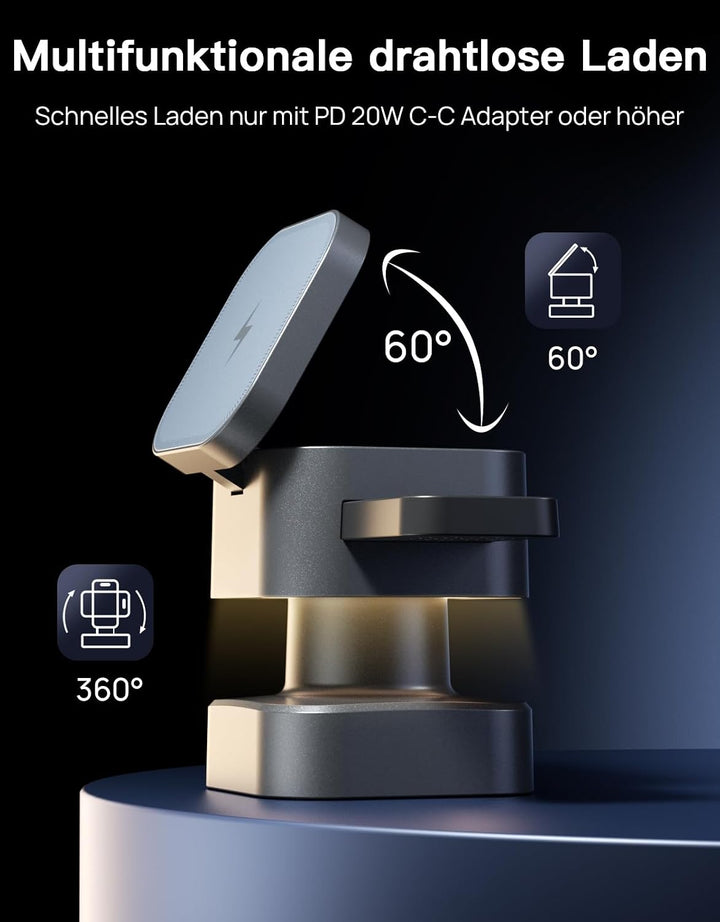 3-in-1 Kabellose Ladestation, Drehbar &amp; Einziehbar mit Nachtlicht, Kompatibel mit iPhone 17/16/15/14