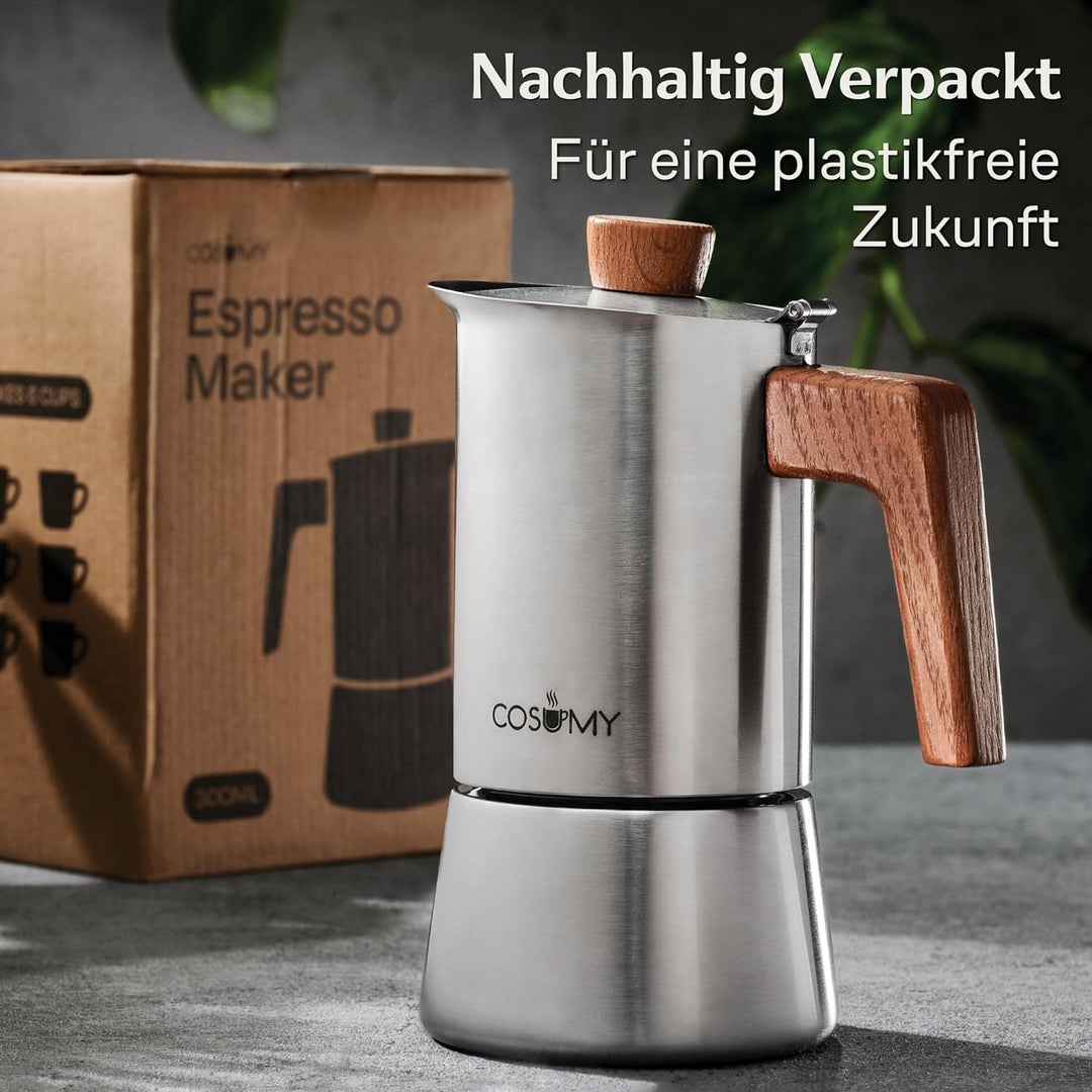 Cosumy Espressokocher Induktion für alle Herdarten geeignet - Mokkakanne Edelstahl 6 Tassen und FSC