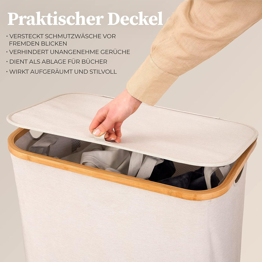 HENNEZ Wäschekorb mit Deckel 2 Fächer Wäschekorb Beige - Grau 140L Wäschesack schmal - Wäschesortier