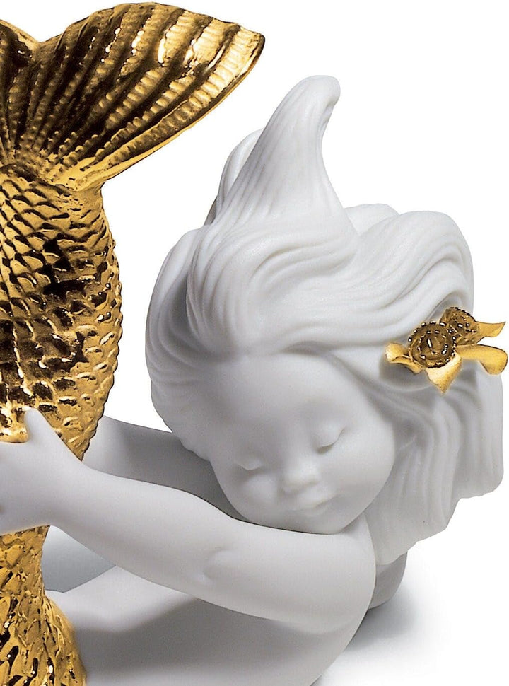LLADRÓ Meerjungfrau-Figur Spielen Am Meer. Gold. Meerjungfrau. Porzellan.