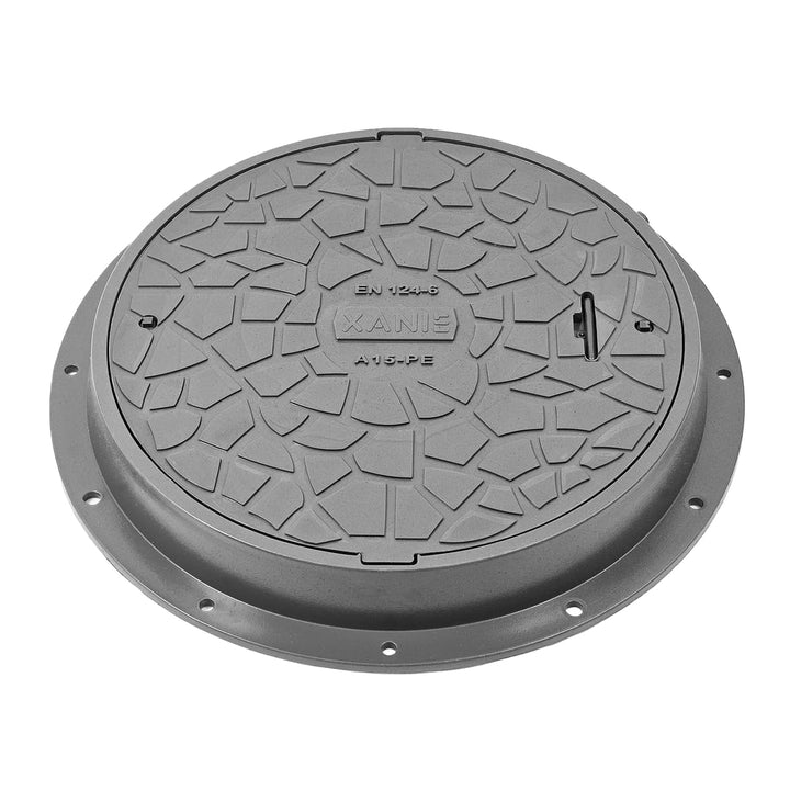 Schachtdeckel aus Kunststoff DN600 mit Rahmen Ø 800mm, A15 bis 1,5T + Verriegelung, Farbe:grau, Grau
