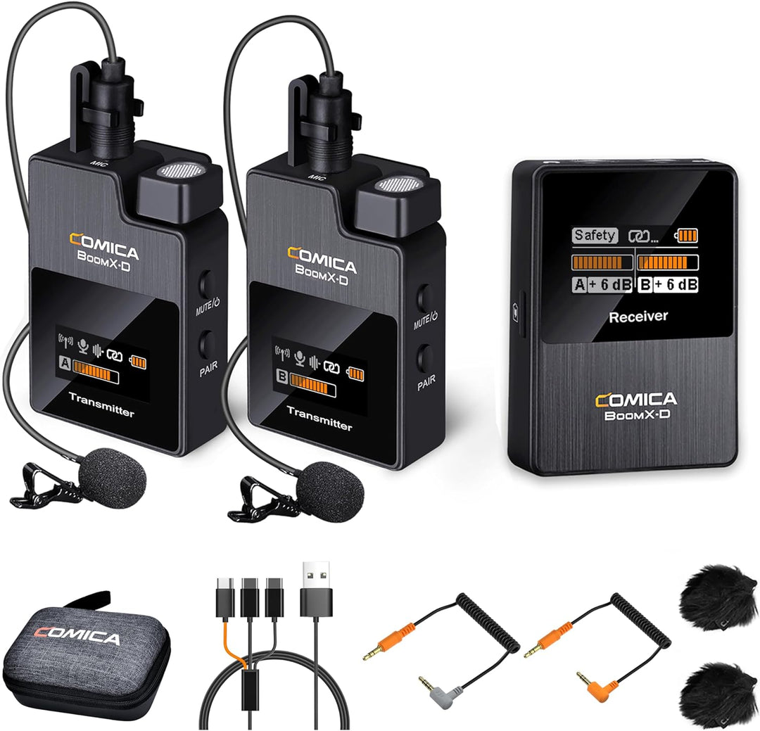 comica Drahtloses Mikrofon, BoomX-D2 Dual Channel 2.4G Wireless System Lavalier Funkmikrofon Kit mit