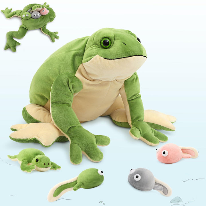 MorisMos 52cm lang Frosch Kuscheltier XXL,Plüschfrosch mit 4 Babys (3 Kaulquappen und 1 klein Frosch