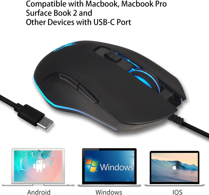 IULONEE Kabelgebundene Gaming-Maus USB C geräuscharmes Klicken 7 Farben Hintergrundbeleuchtung optis