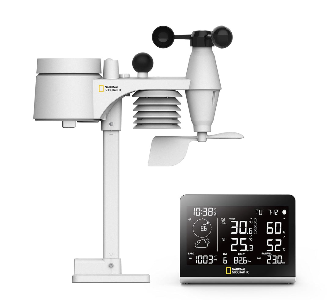 National Geographic Funkwetterstation SC mit 8-in-1-Aussensensor, Farbwechsel-Display, Temperatur, L