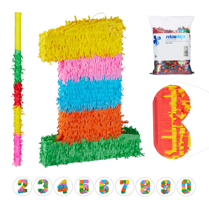 Relaxdays 4 TLG. Pinata Set Geburtstag Zahl 1, XXL Konfetti Sack, Pinatastab mit Augenmaske, Geburts