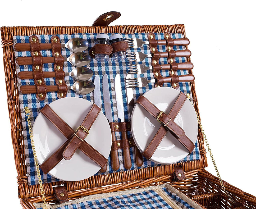 2 Handgefertigte Picknickkörbe für 4 Personen mit Kühlfach, Edelstahlbesteck, Porzellanteller, Weing