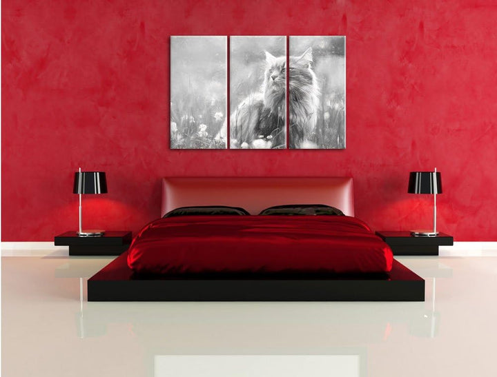 Pixxprint Katze in der Wildnis Kunst Kohle Effekt 3-Teiler Leinwandbild 120x80 Bild auf Leinwand, ri