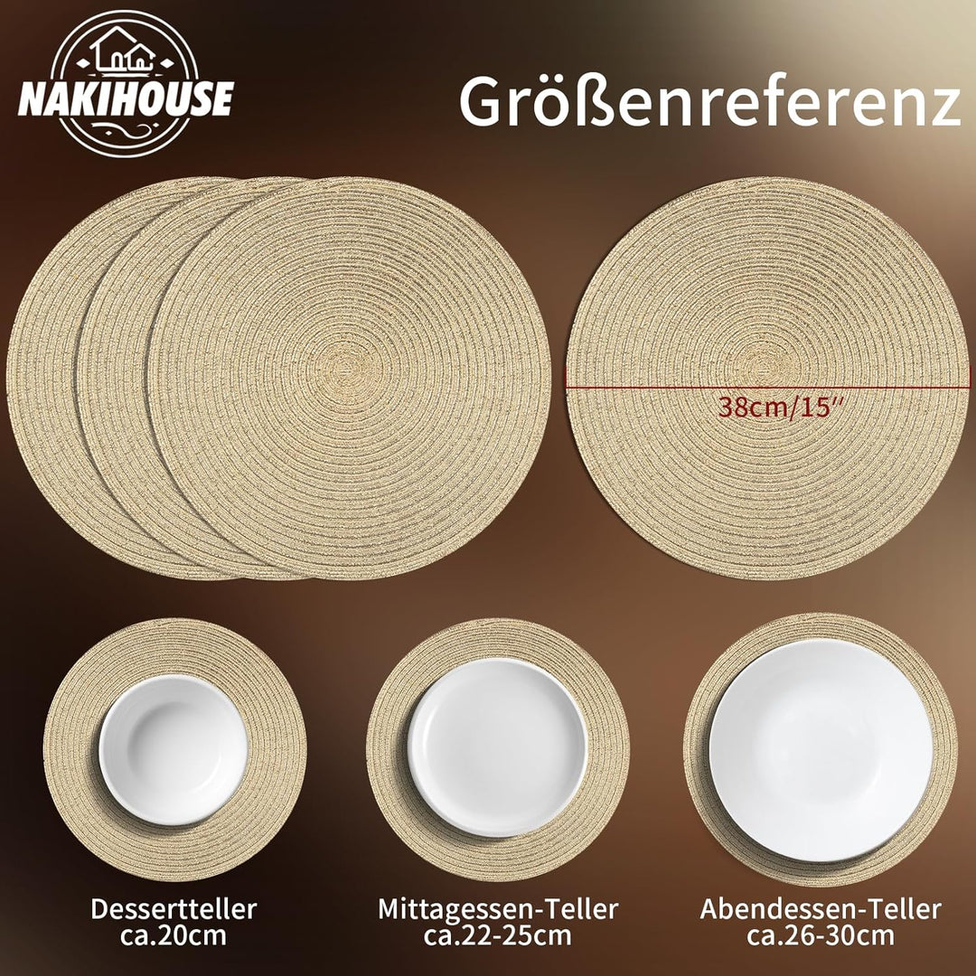 Platzsets Rund Gold Geflochten Tischsets 12er Set Hitzebeständigem Tisch Tischsets Waschbar für Küch