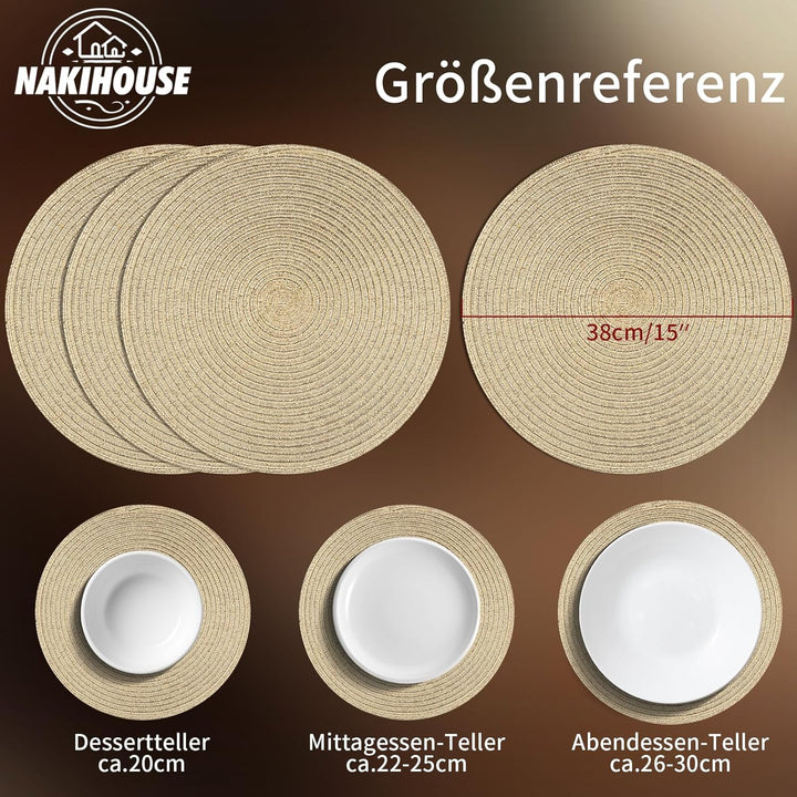 Platzsets Rund Gold Geflochten Tischsets 12er Set Hitzebeständigem Tisch Tischsets Waschbar für Küch