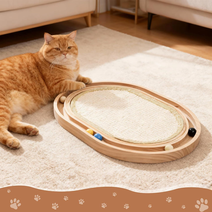 2-in-1 Kratzbretter Katze und Katzenspielzeug Kugelbahn Holz, 43x33x3 cm Katzen Kratzbrett Sisal, kr