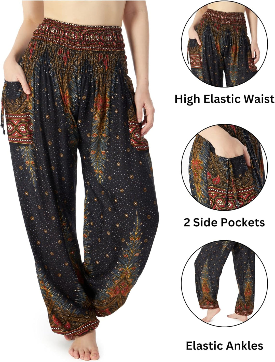 Lannaclothesdesign Damen Haremshose mit gesmokter Taille, Boho, fliessend, Hippie-Kleidung S Black P
