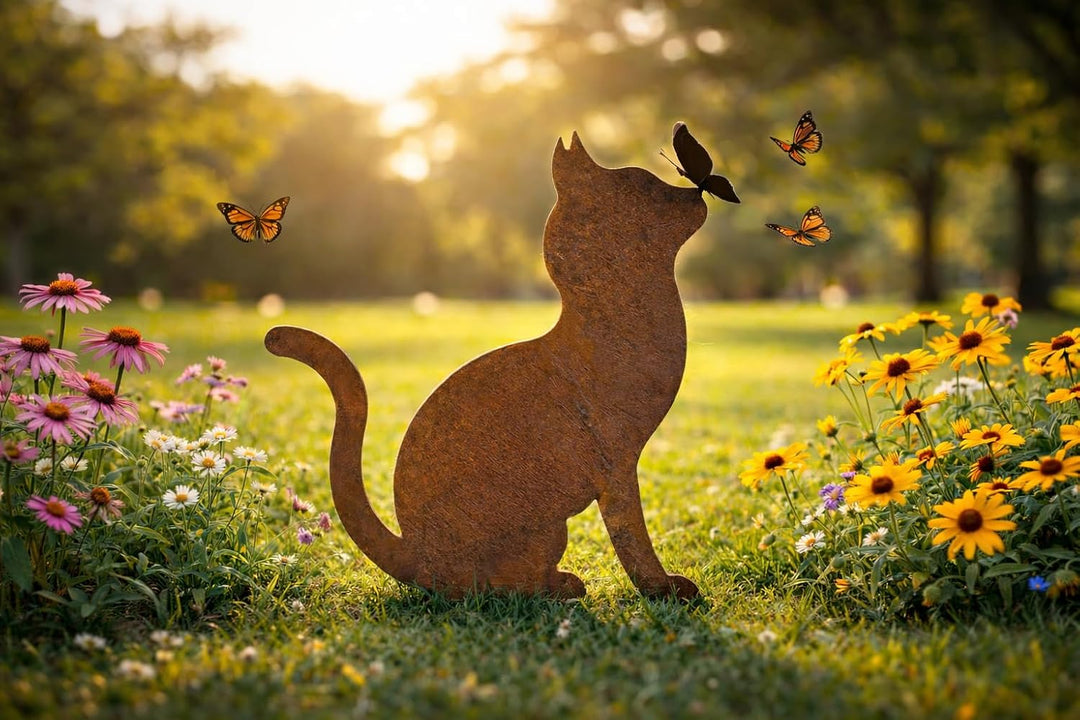 Bornhöft Gartendeko Gartenstecker Katze mit Schmetterling, Edelrost Rost-Optik Metallfigur, Gartensk