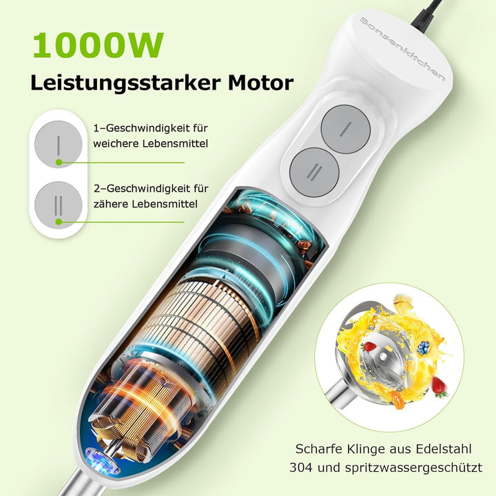 Bonsenkitchen Pürierstab, 1000W Edelstahl Elektrischer Stabmixer, 2 Geschwindigkeitsstufen, Stabmixe