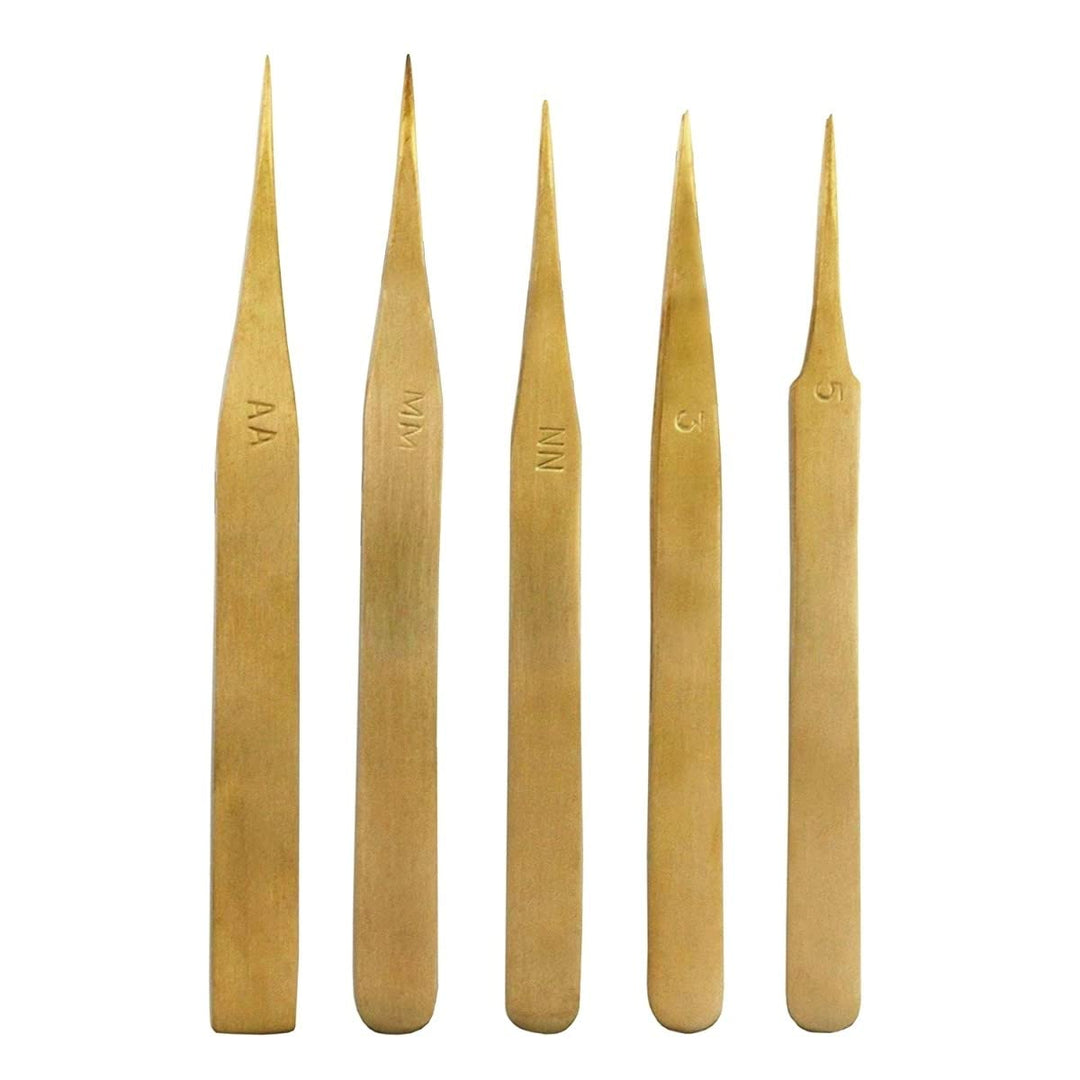 Jewellers Tools 5 handgearbeitete Uhrmacherpinzetten - Set - Messing - Klassisch - Gold
