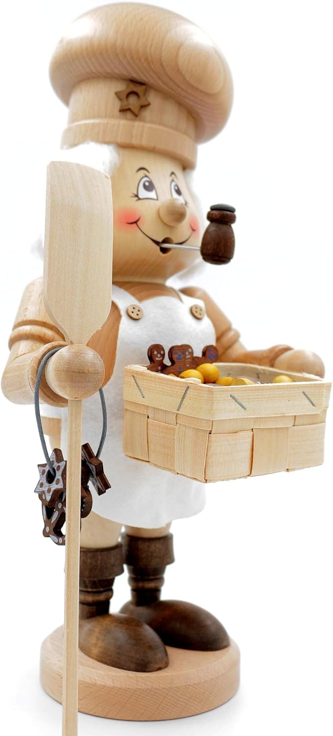 Kuhnert - Original Erzgebirgische Holzkunst Räuchermann Räucherfigur Wichtel 33cm - Bäcker Natur