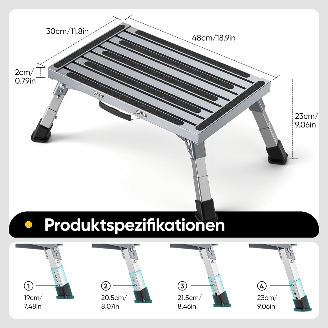 Klapptritt Trittstufe mit Griff, 4-stufige Höhenverstellbarer Tritthocker, 350kg Belastung und Anti-