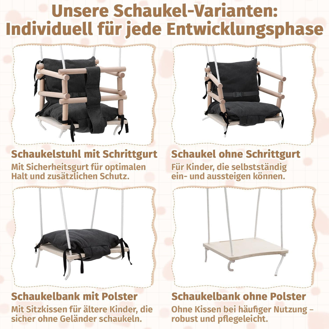 Babyschaukel Indoor &amp; Kinderschaukel Outdoor 3-in-1 aus Holz, Höhenverstellbar (160-260cm) mit Abneh