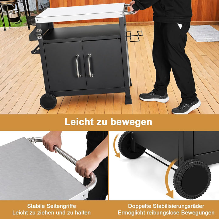 LIFERUN Edelstahl Grillwagen 3-Etagen, Grilltisch Servierwagen Beistelltisch, Grill Trolley Outdoor,