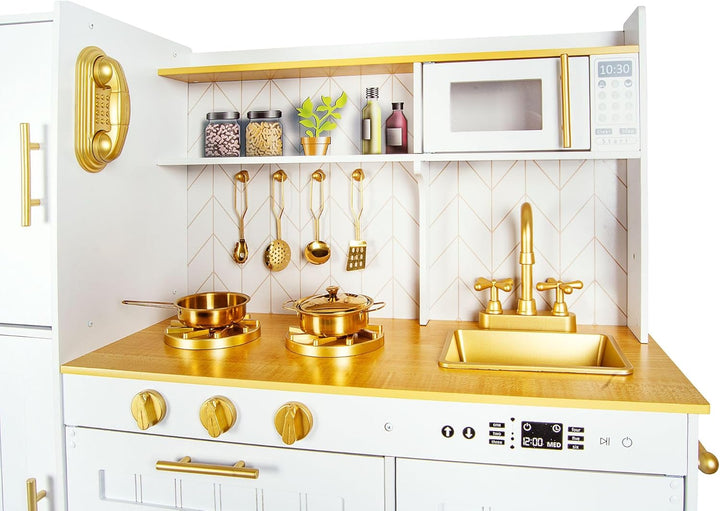 Leomark Kinderküche aus Holz Grosse Gold Spielküche Holzküche mit Zubehör Spielzeugküche für Kinder
