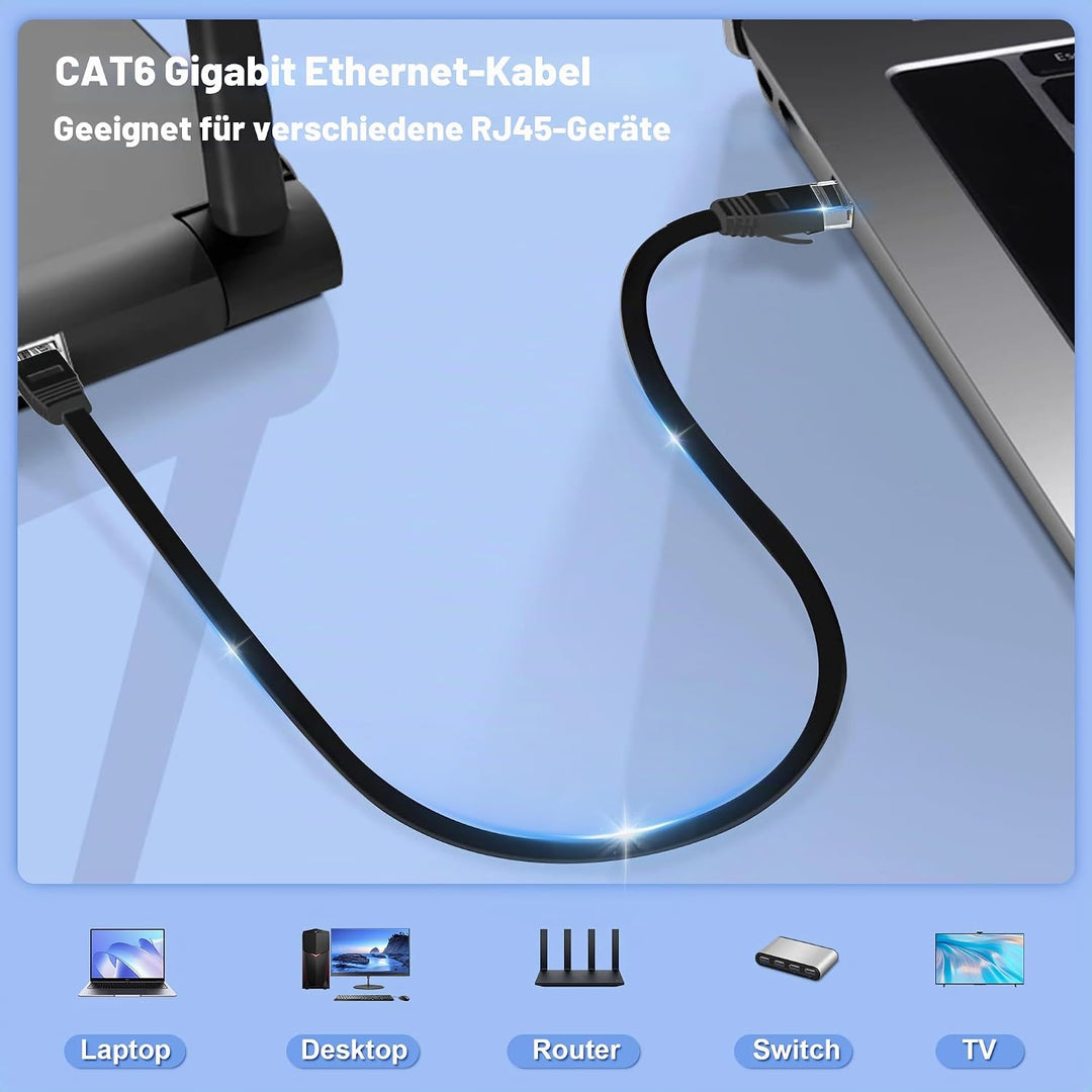 Netzwerkkabel 50m Outdoor Indoor, LAN Kabel 50 meter Cat 6 Gigabit RJ45 50m Ethernet Kabel Flach - 1