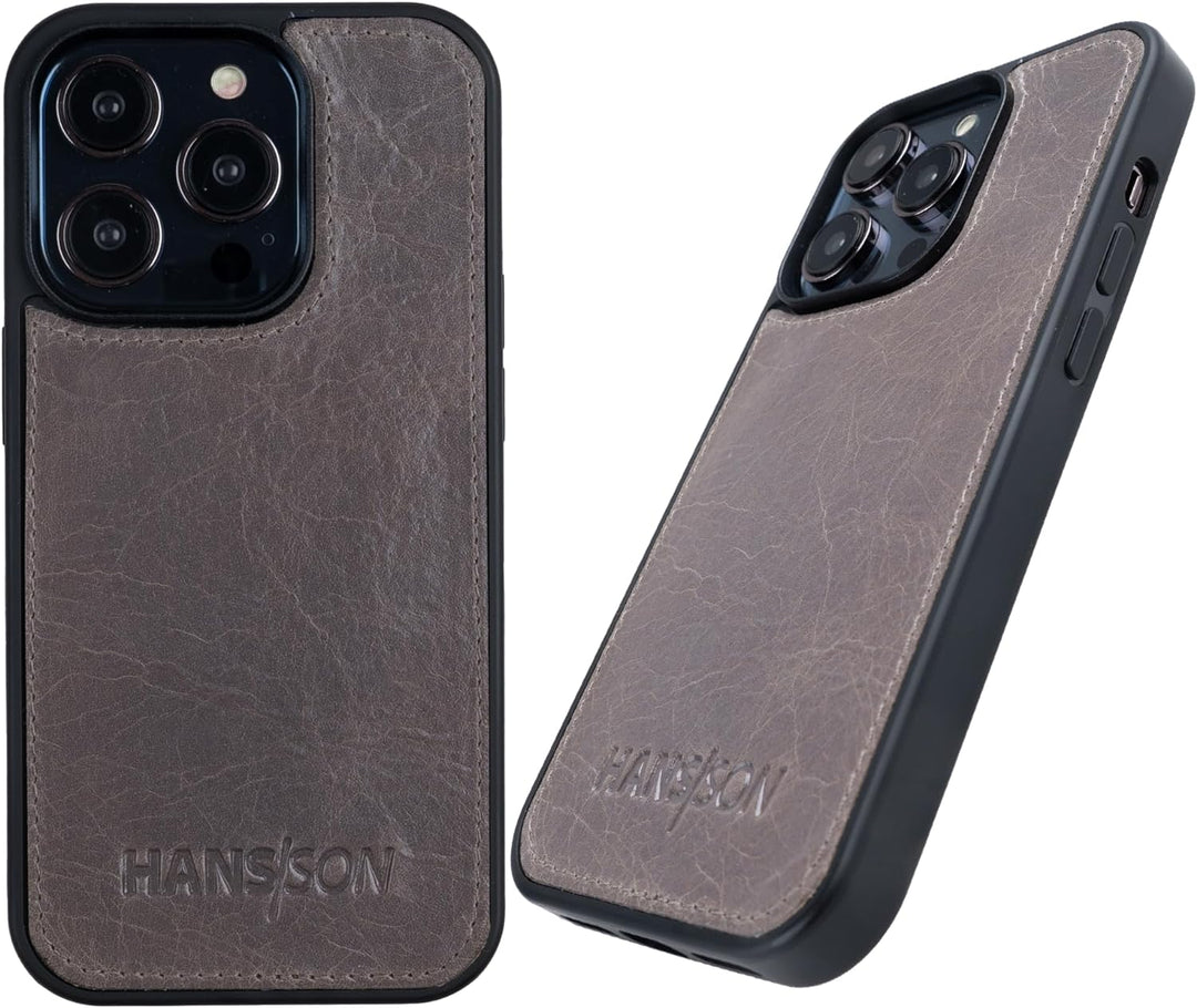 HANS/SON Echtlederhülle in Grau | iPhone 13 Pro Max Ledercase | Schutz vor Stürzen und Stössen | Mag