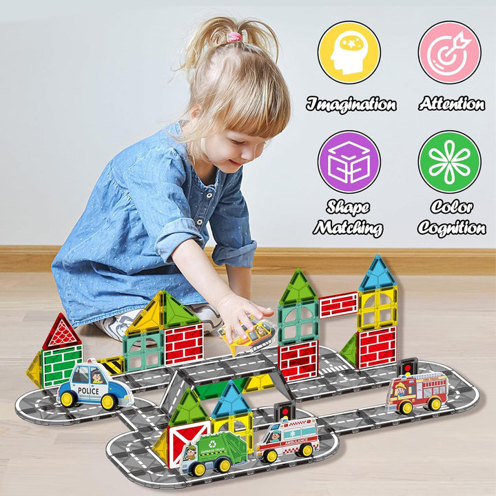 Oriate Stadt Magnetische Magnet Bausteine Spielzeug Set，Rollende Cars Kompatibel Mit Magnetbausteine