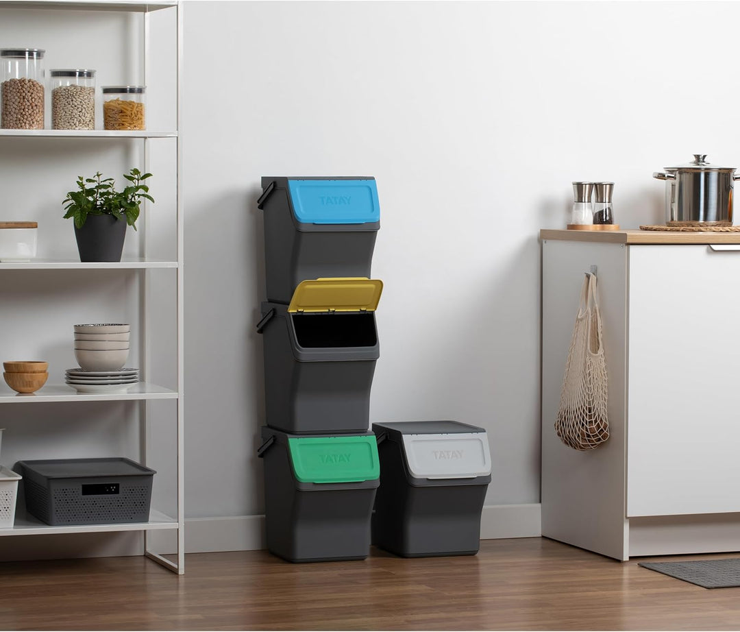 TATAY Mülltrennsystem Easy Waste 20L | 4er Set Recycling Behälter | Modular und Stapelbar | Deckel m