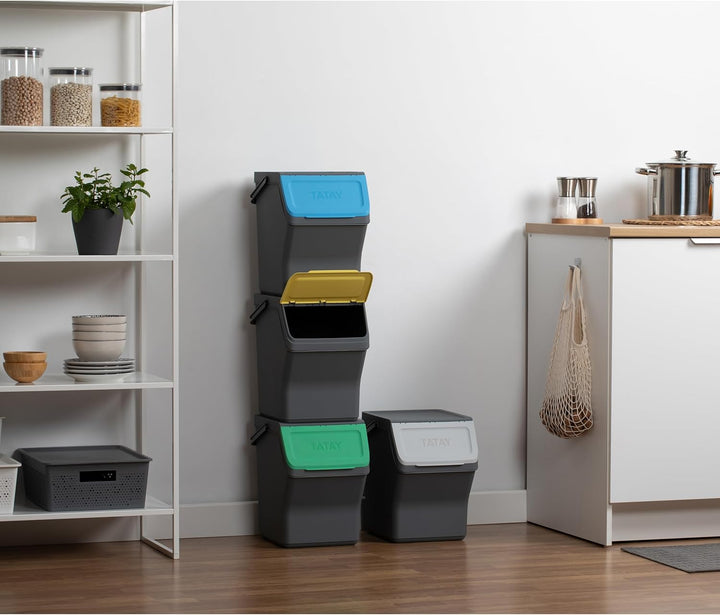 TATAY Mülltrennsystem Easy Waste 20L | 4er Set Recycling Behälter | Modular und Stapelbar | Deckel m