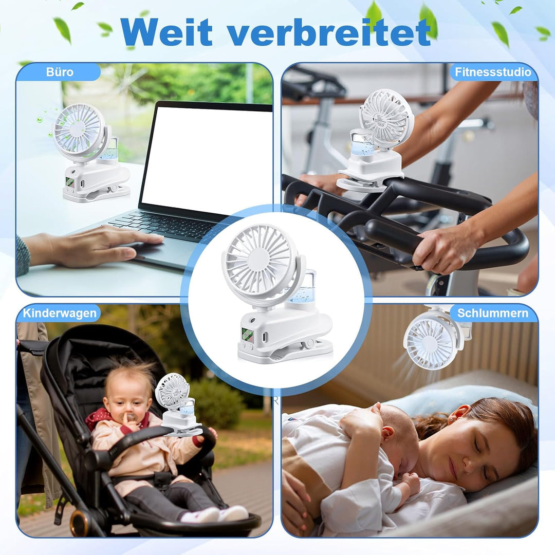 JIZZU USB Ventilator mit Wassernebel, 4 Geschwindigkeiten Wind Tischventilator mit Clip, Mini Ventil