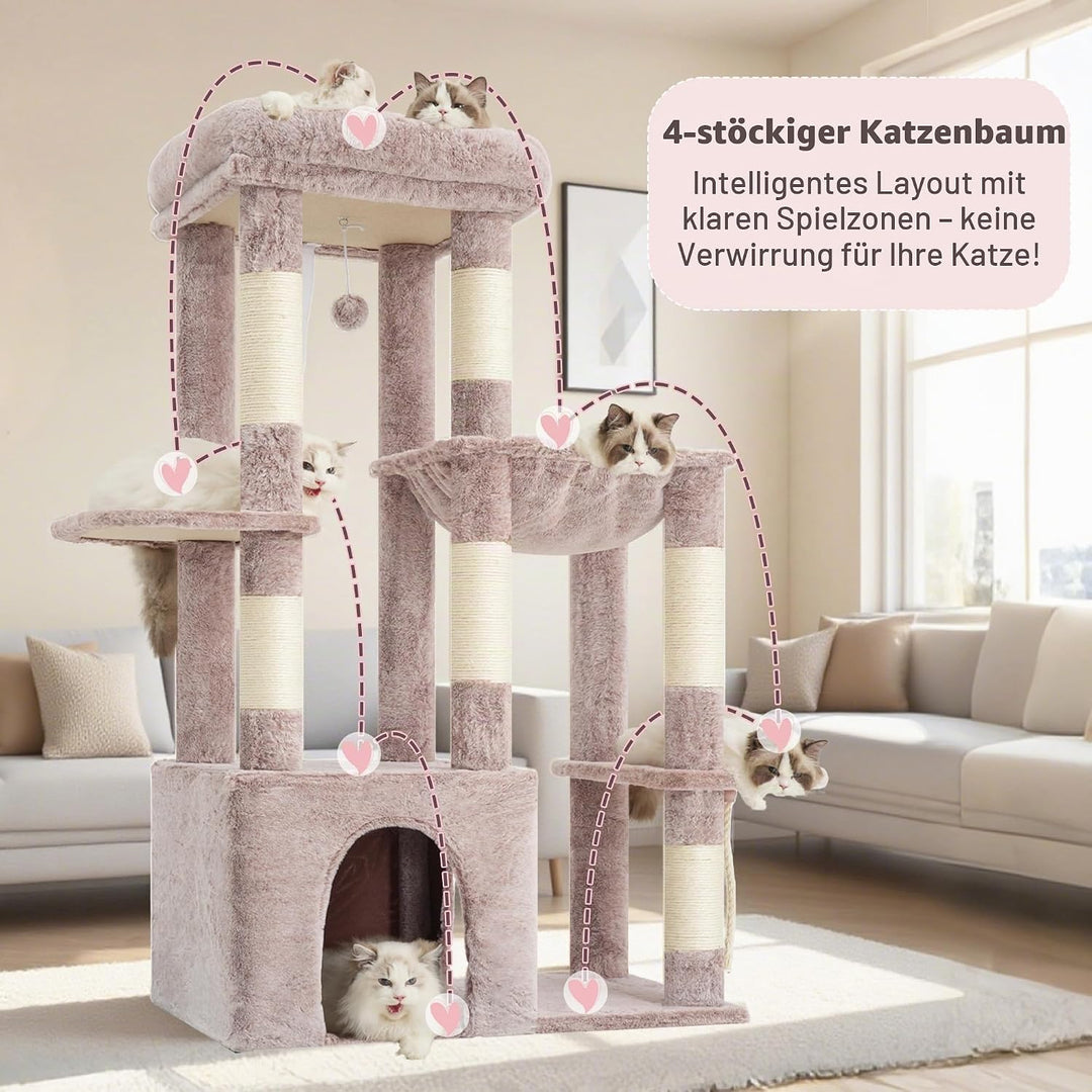 Heybly Kratzbaum 120cm - Grosser Katzenbaum für Erwachsene Katzen mit XL-Basis, Katzenwohnung mit Me