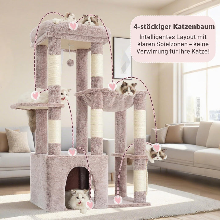 Heybly Kratzbaum 120cm - Grosser Katzenbaum für Erwachsene Katzen mit XL-Basis, Katzenwohnung mit Me