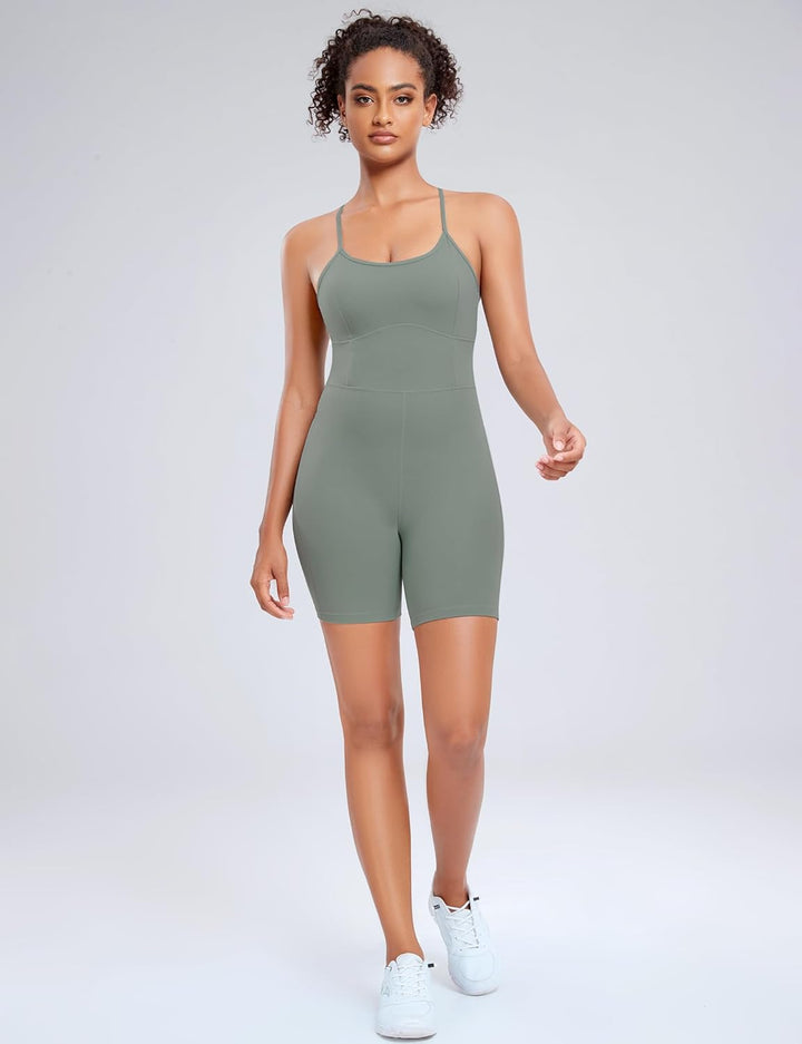 AGONVIN Damen Workout Spaghetti-Träger Rompers Shorts Bauchkontrolle Einteiler Jumpsuit XXL Matcha-G