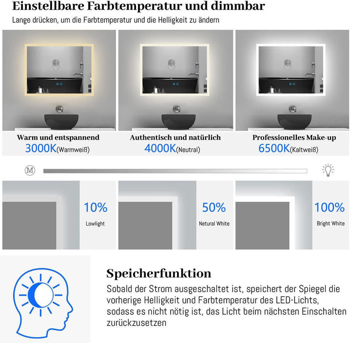 Badspiegel mit Beleuchtung 80x60 cm LED Spiegel Bad mit Touch-Schalter Beschlagfrei Badezimmerspiege