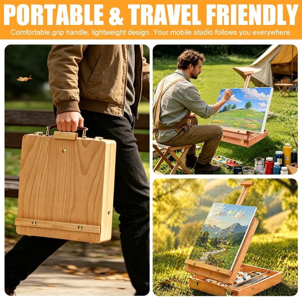 Tischstaffelei Holz, Desktop-Staffelei zum Malen aus Buchenholz, Premium-Holz-Sketchbox-Staffelei