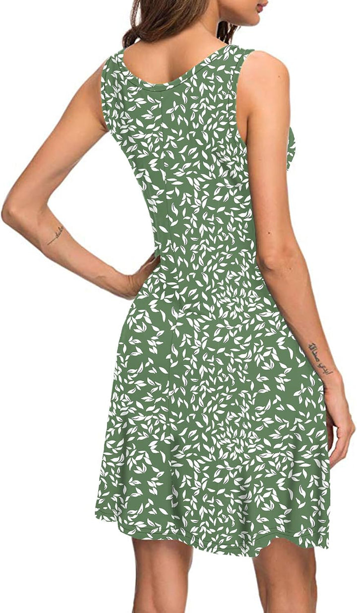 AUSELILY Sommerkleid Damen Ärmellose Strandkleid Leicht Swing Kleid V Ausschnitt Mini Kleid Hoja Oli