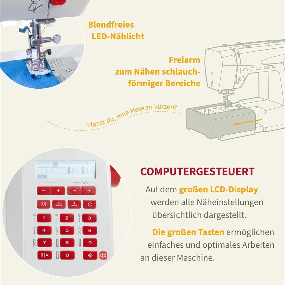 VERITAS Nähmaschine Claire I Computer-Nähmaschine Freiarm I 197 Stiche mit Speicherfunktion I Fusspe