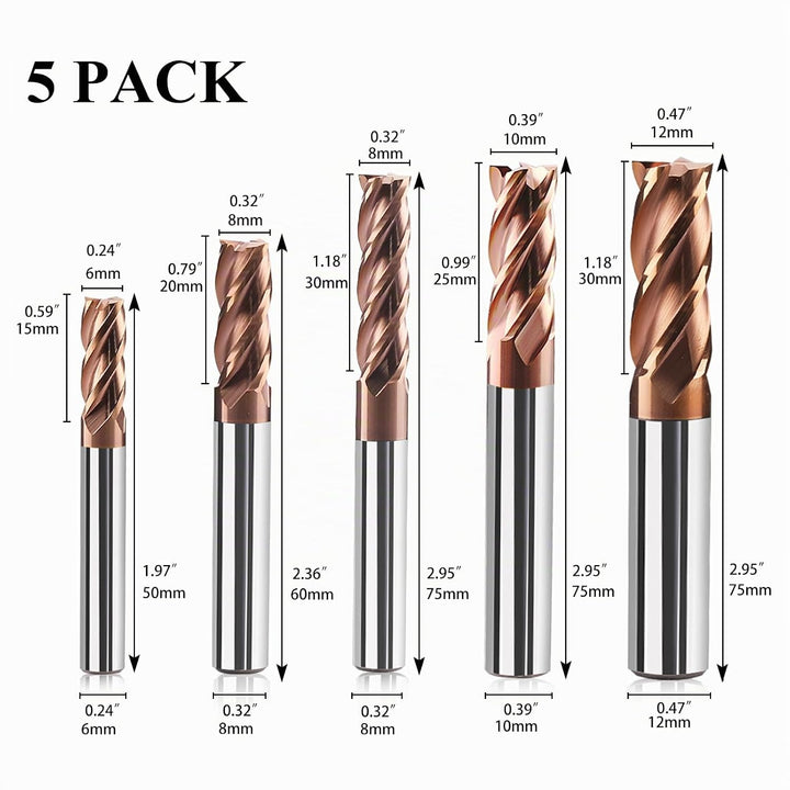 5 Stücke Fräser Schaftfräser Hartmetall 4-Flöte, 6-12mm CED TiSiN Coat Spiralfräser Bit VHM CNC Bohr