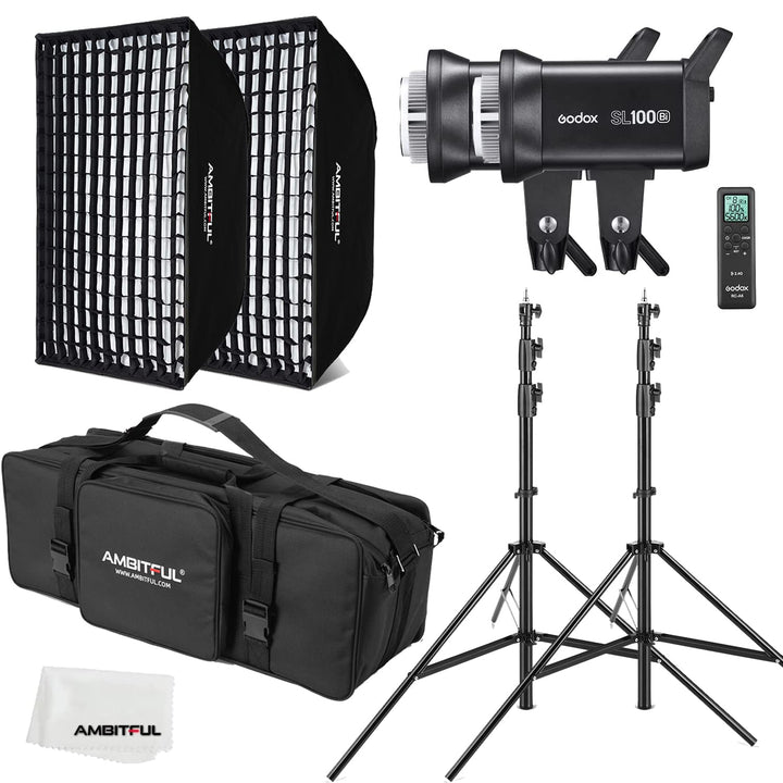 GODOX SL100Bi 2X 100W Duale Farbtemperatur LED-Videoleuchte + AMBITFUL 60 x 90 cm Softbox, Lichtstat